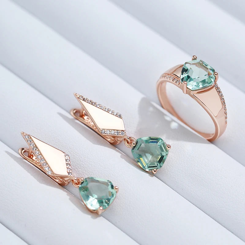 Radiant Green Stone Drop Earrings: 585 Rose Gold with Natural Zircon