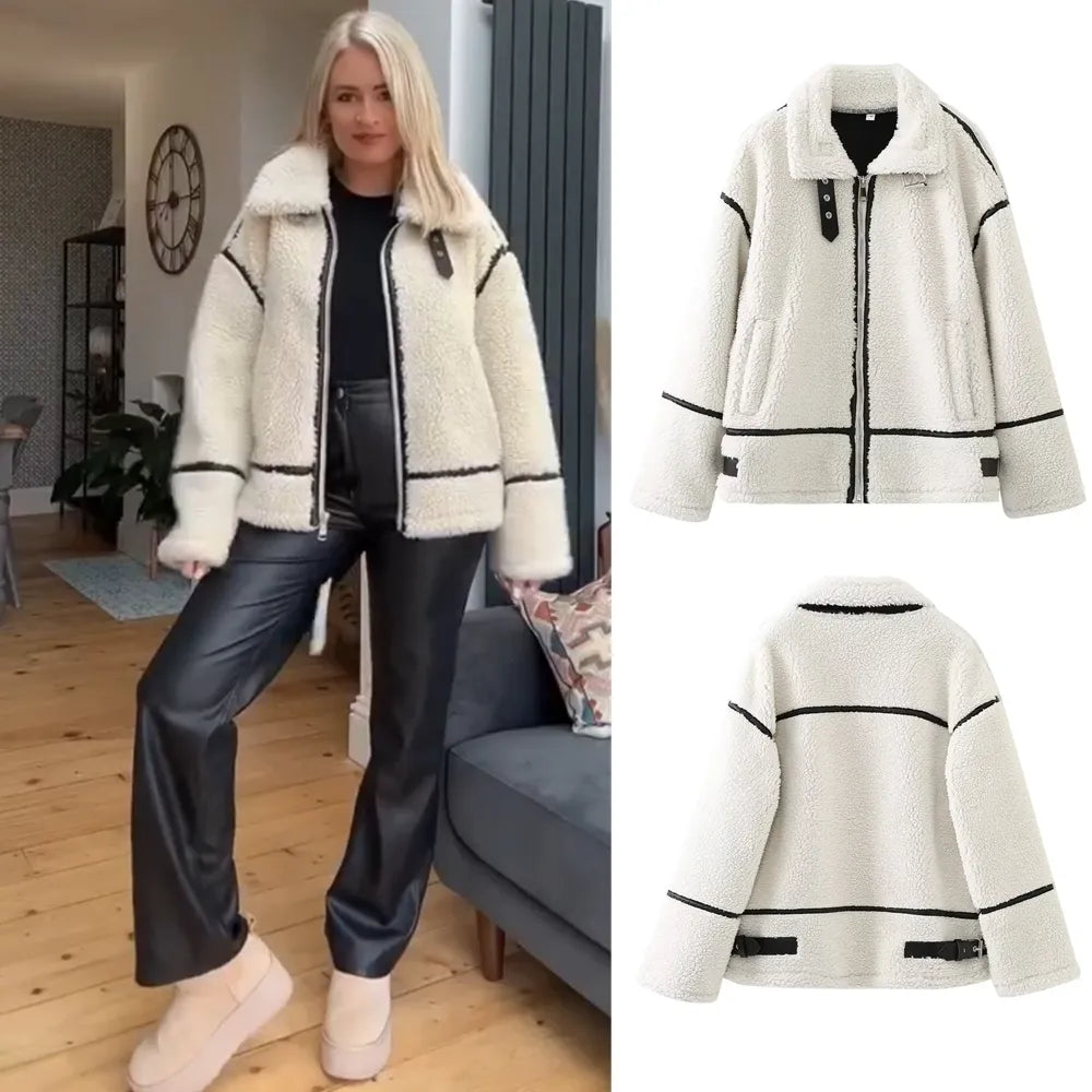 Women's Casual Wool Contrast Plush Warm Jacket XS- L