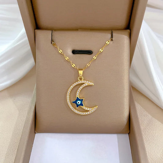 Stainless Steel Moon and Star Necklace